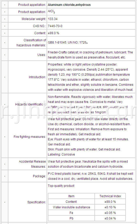 Aluminium Chloride Anhydrous Specification